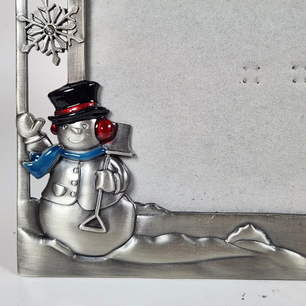 Enameled Pewter Merry Christmas Picture Frame Snowman Winter Wonderland 3D 4 X 6